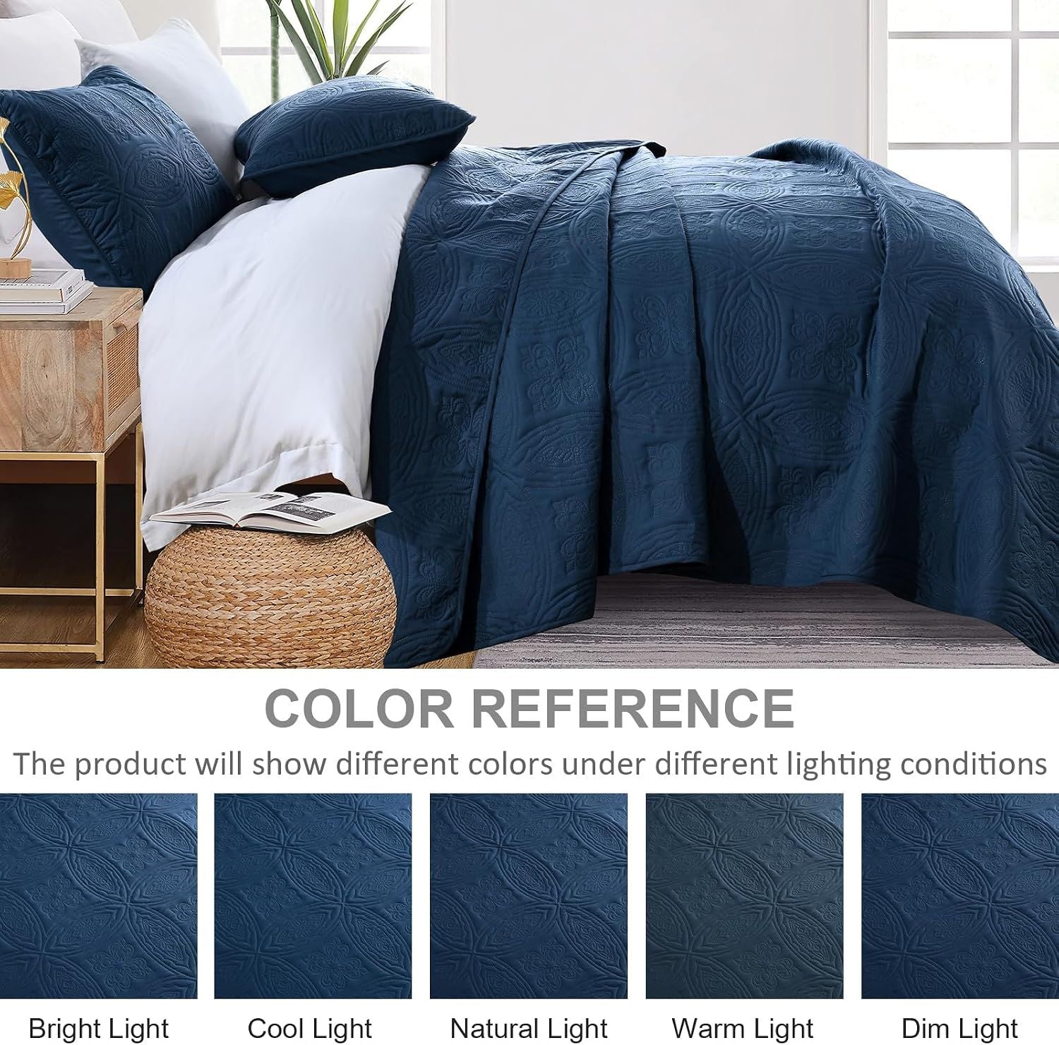 Navy Blue Embossed Haven Bedspread Coverlet 3 Piece Set