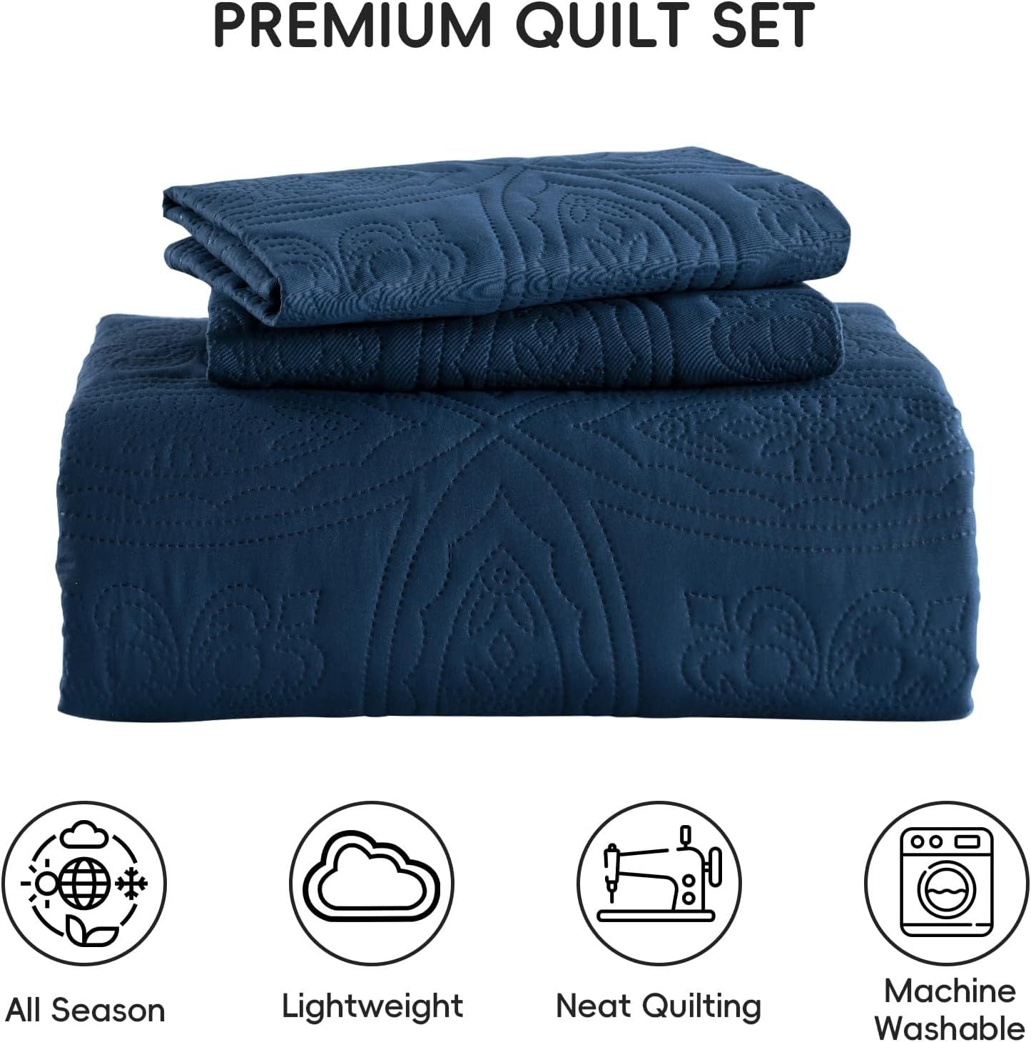 Navy Blue Embossed Haven Bedspread Coverlet 3 Piece Set