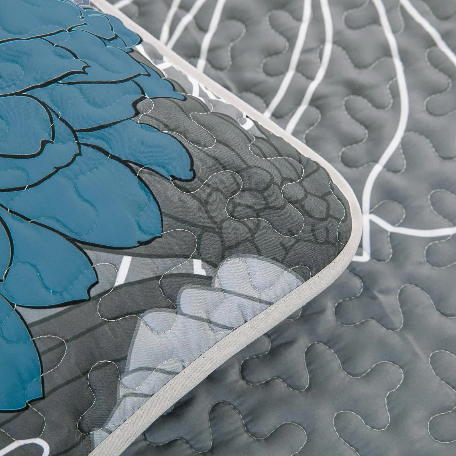 Grey Azure Bloom Quilted Coverlet Bedspread Set with Pillow Covers