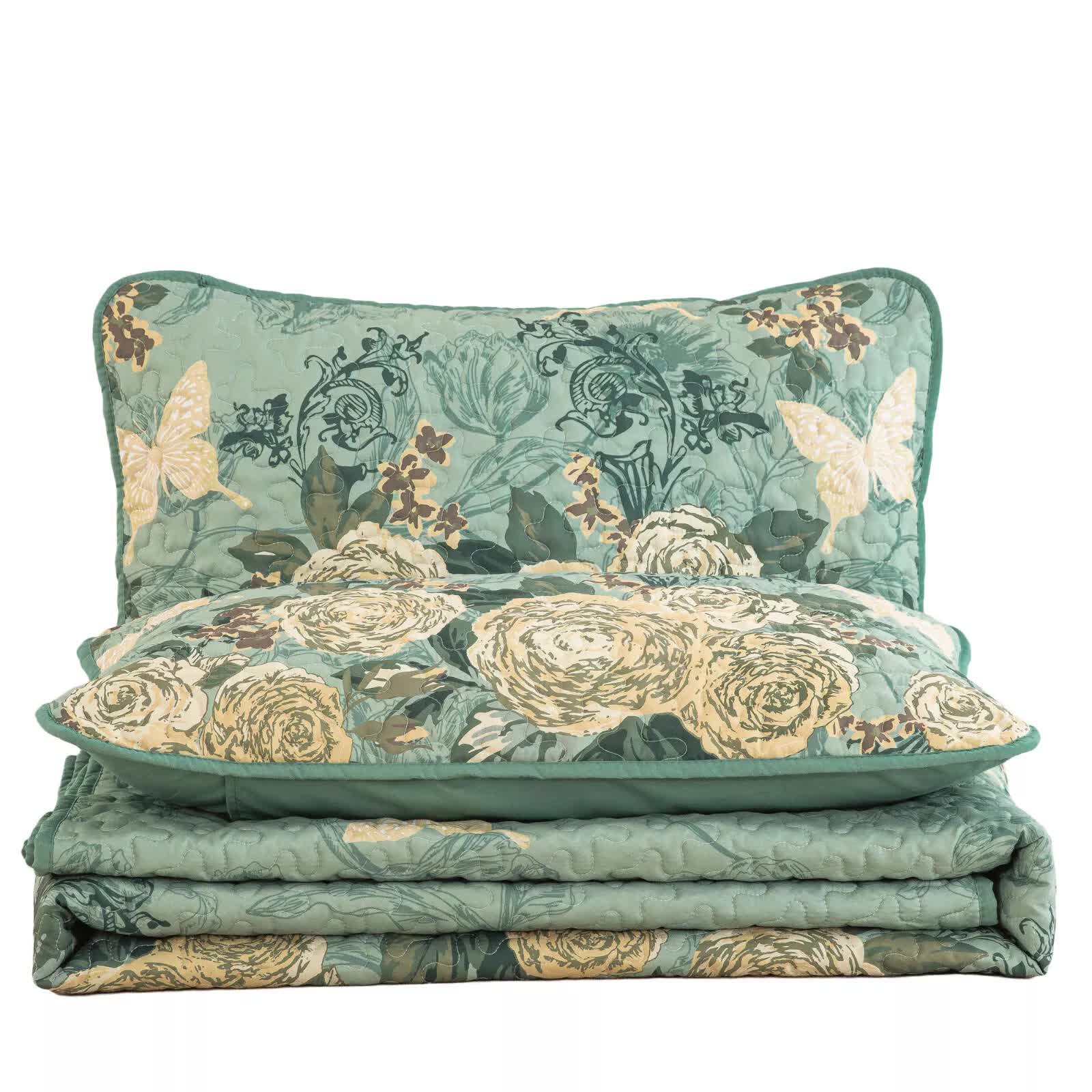 Meadow Butterfly Green Quilted Bedspread Set with Floral Details and Pillowcases