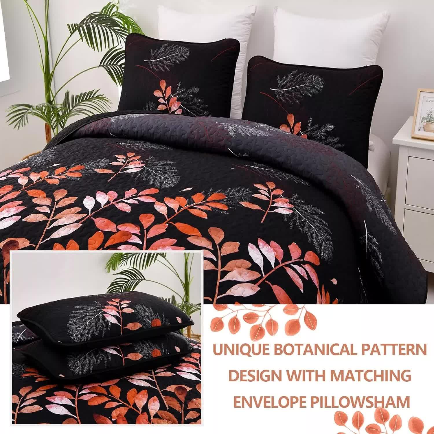 Black and Red Leaves Quilted Bedspread & Pillowcase Set