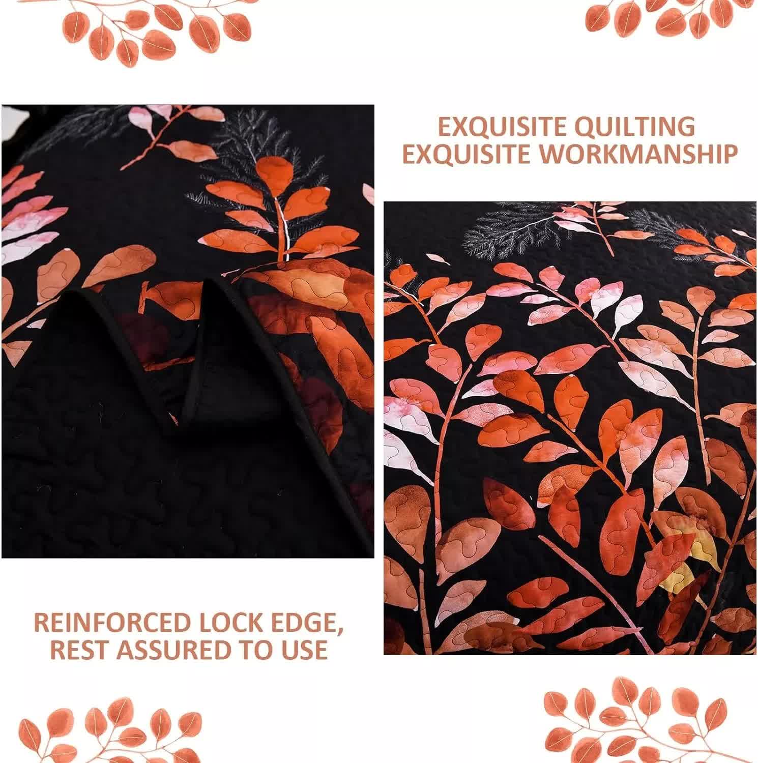 Black and Red Leaves Quilted Bedspread & Pillowcase Set