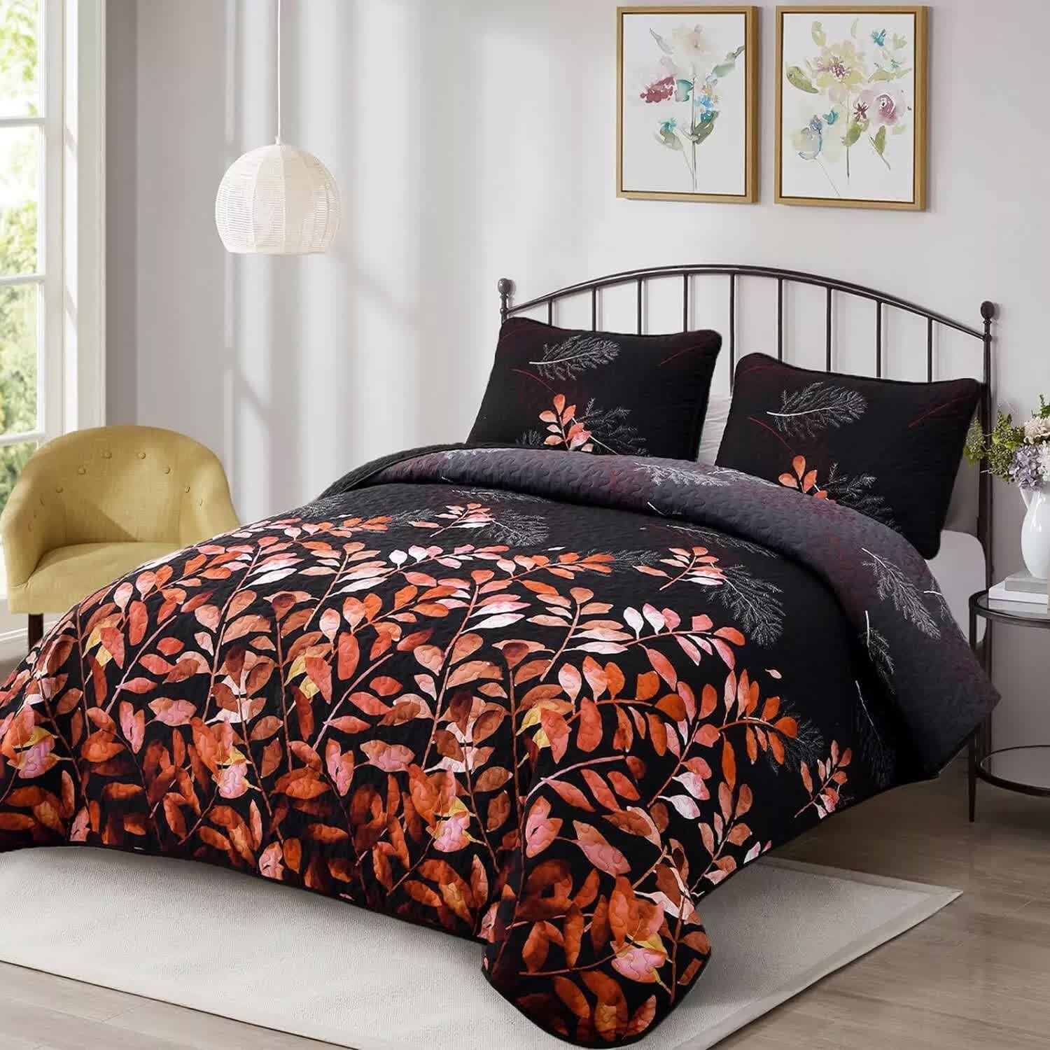 Black and Red Leaves Quilted Bedspread & Pillowcase Set