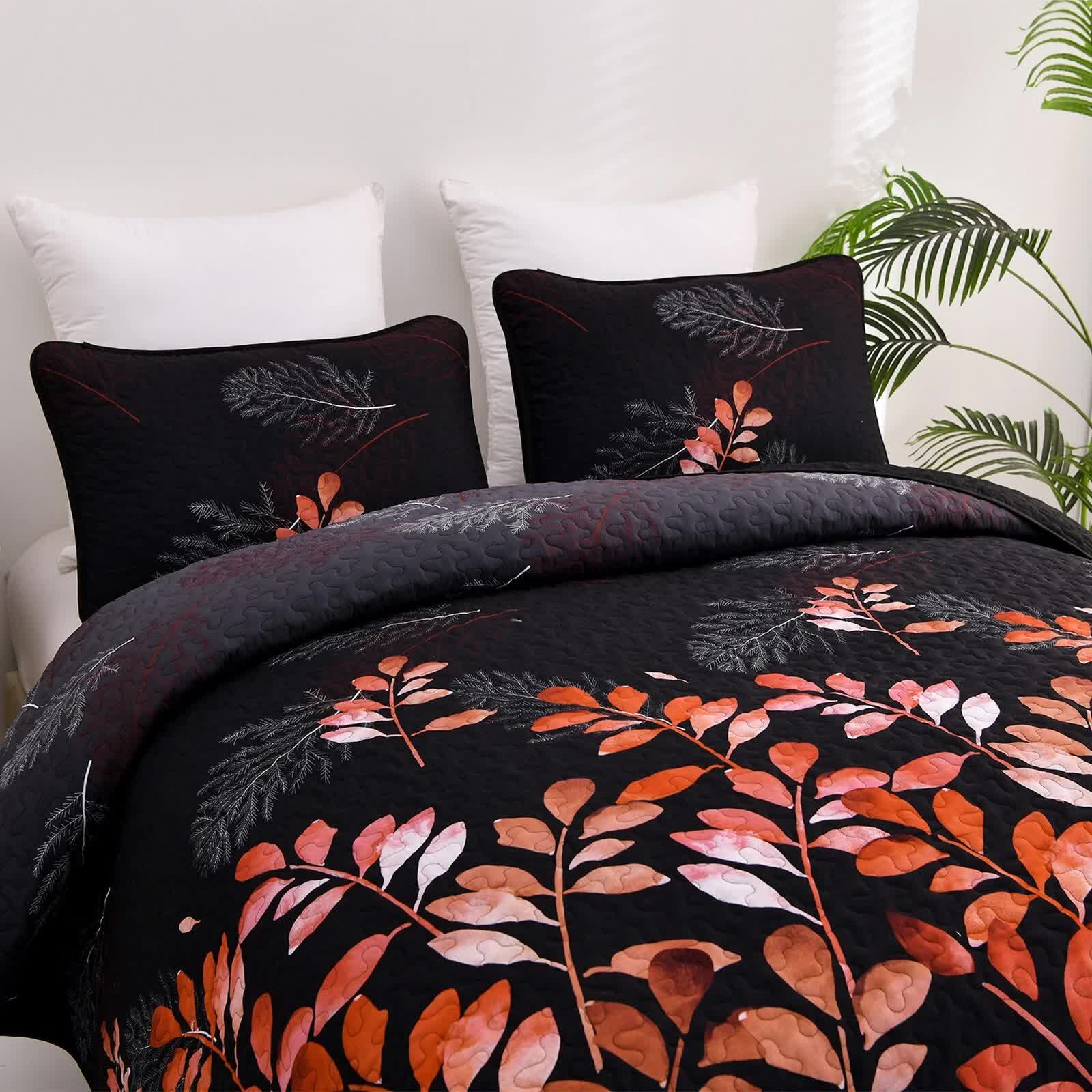 Black and Red Leaves Quilted Bedspread & Pillowcase Set