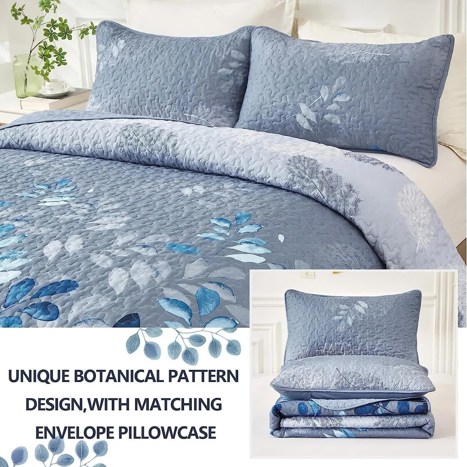 Blue Garden Coverlet Set with Quilted Floral Pattern and Pillowcases