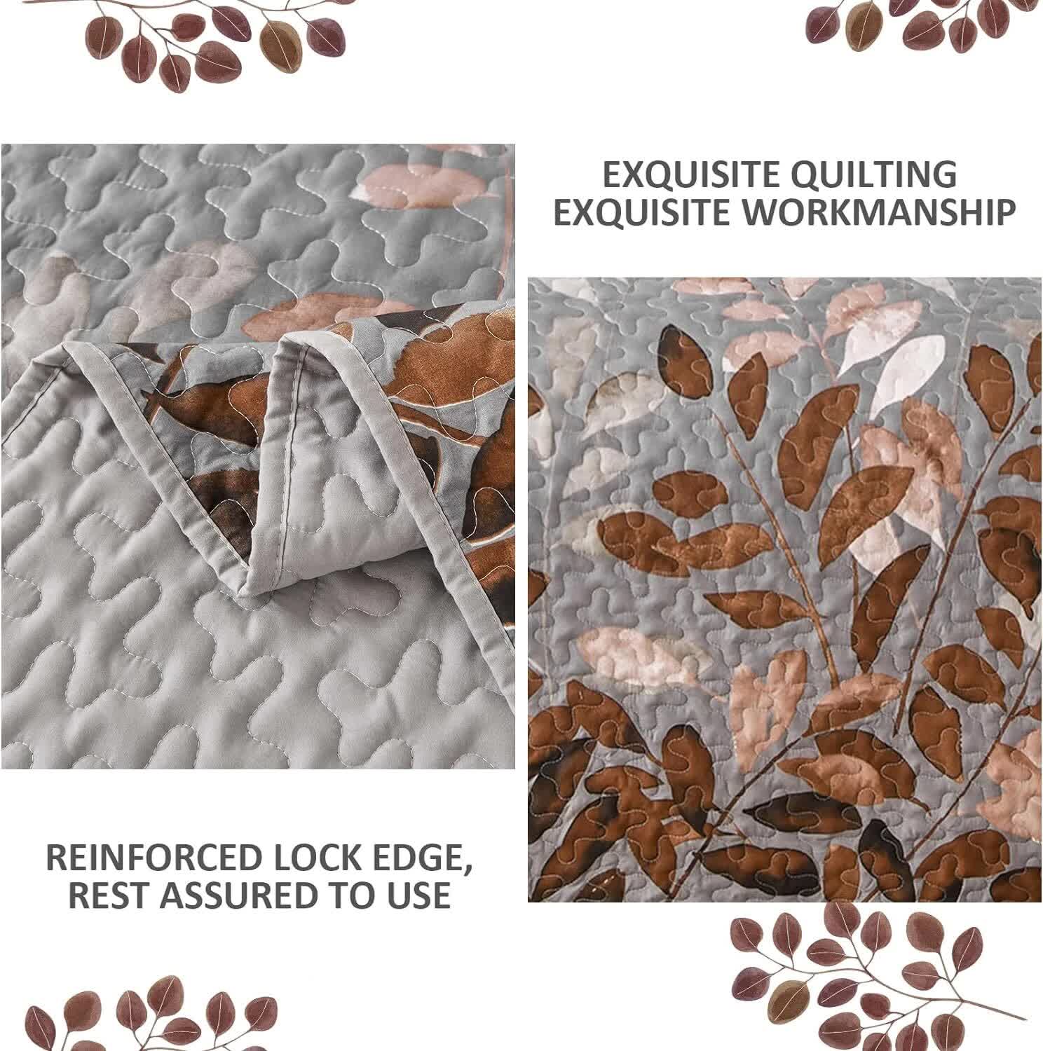Brown Verdant Quilted Ensemble with Flower Motifs bedspread and Pillowcases
