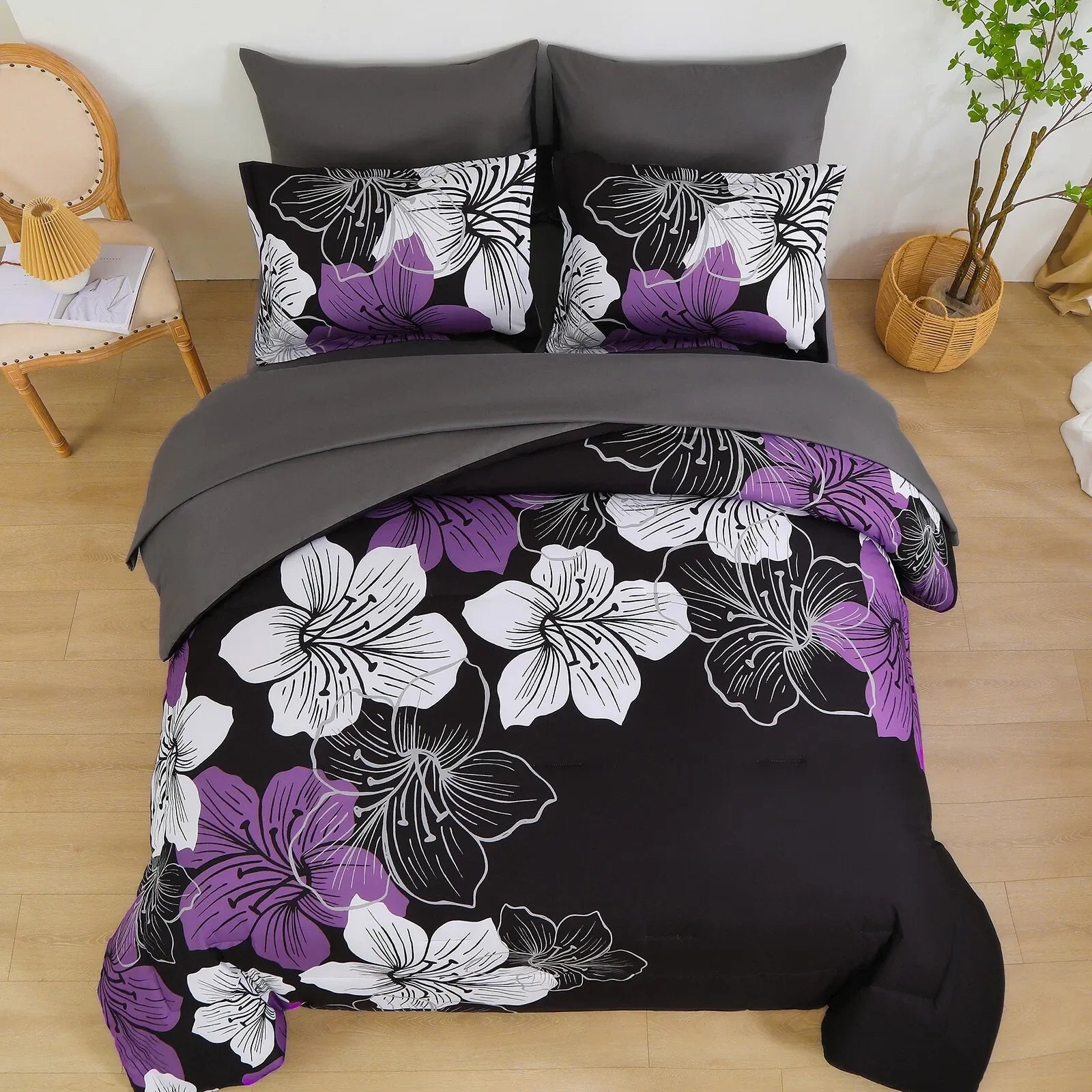 Black Purple Hibiscus Bloom Comforter Quilted Doona Set