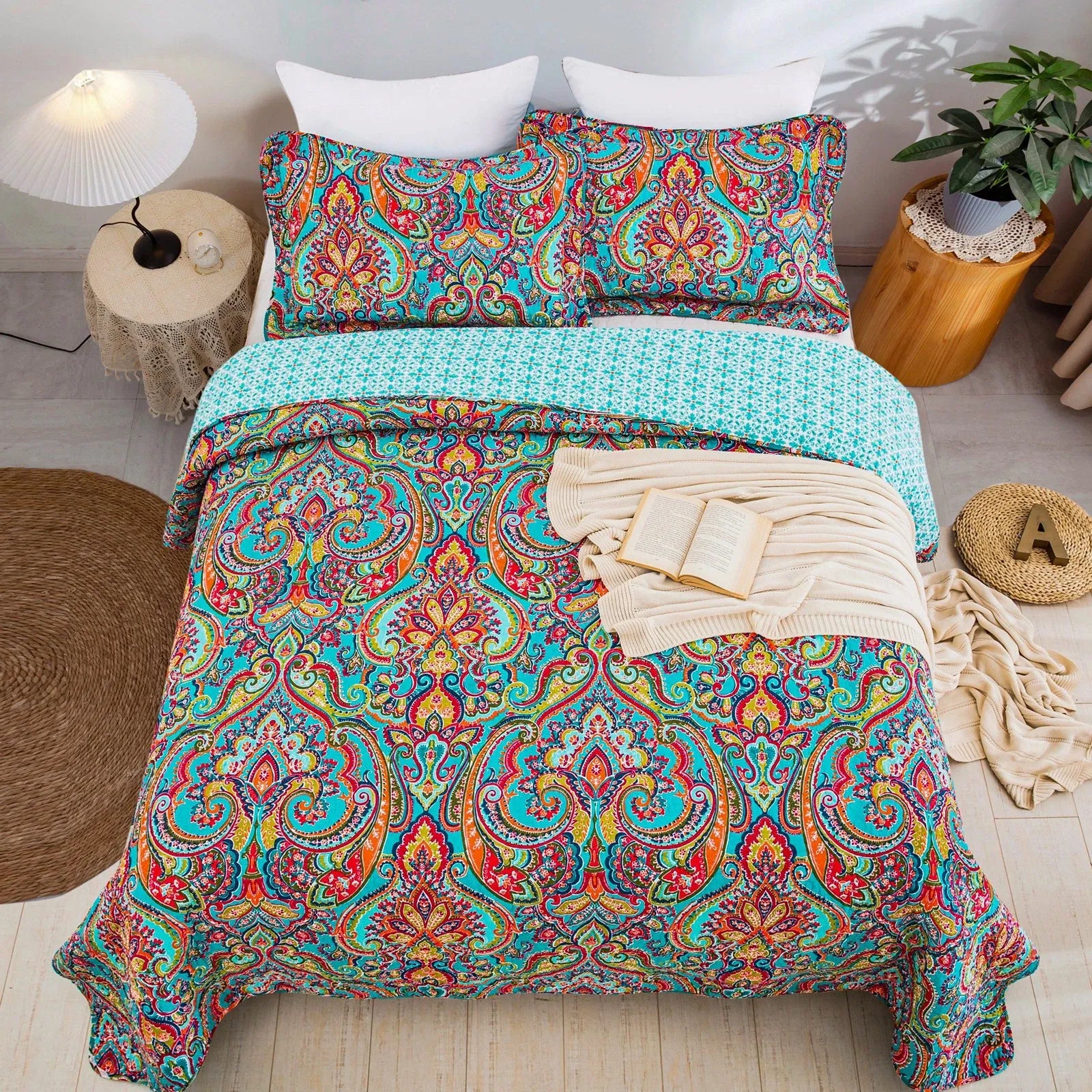 100% Cotton Aqua Coral Paisley Bloom Coverlet Bedspread Set