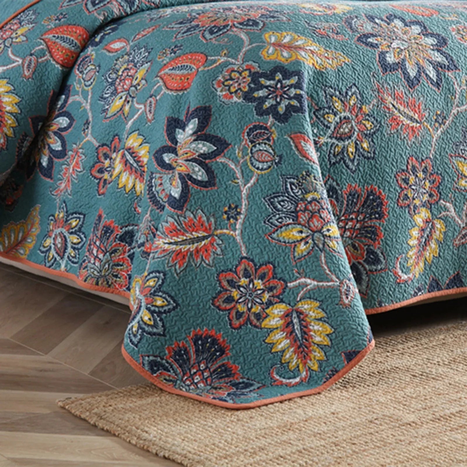 100% Cotton Teal Floralia Garden Coverlet Bedspread Set