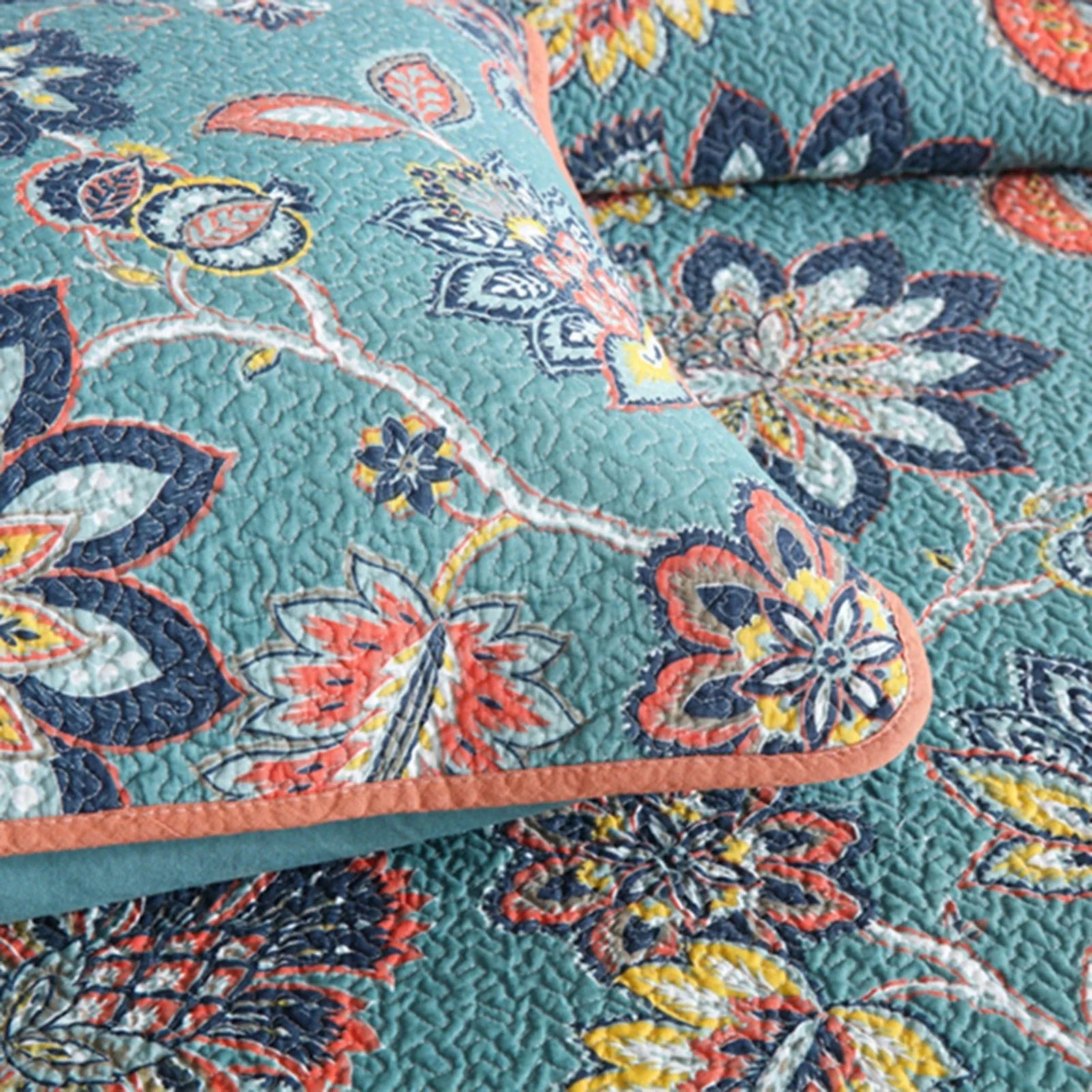 100% Cotton Teal Floralia Garden Coverlet Bedspread Set