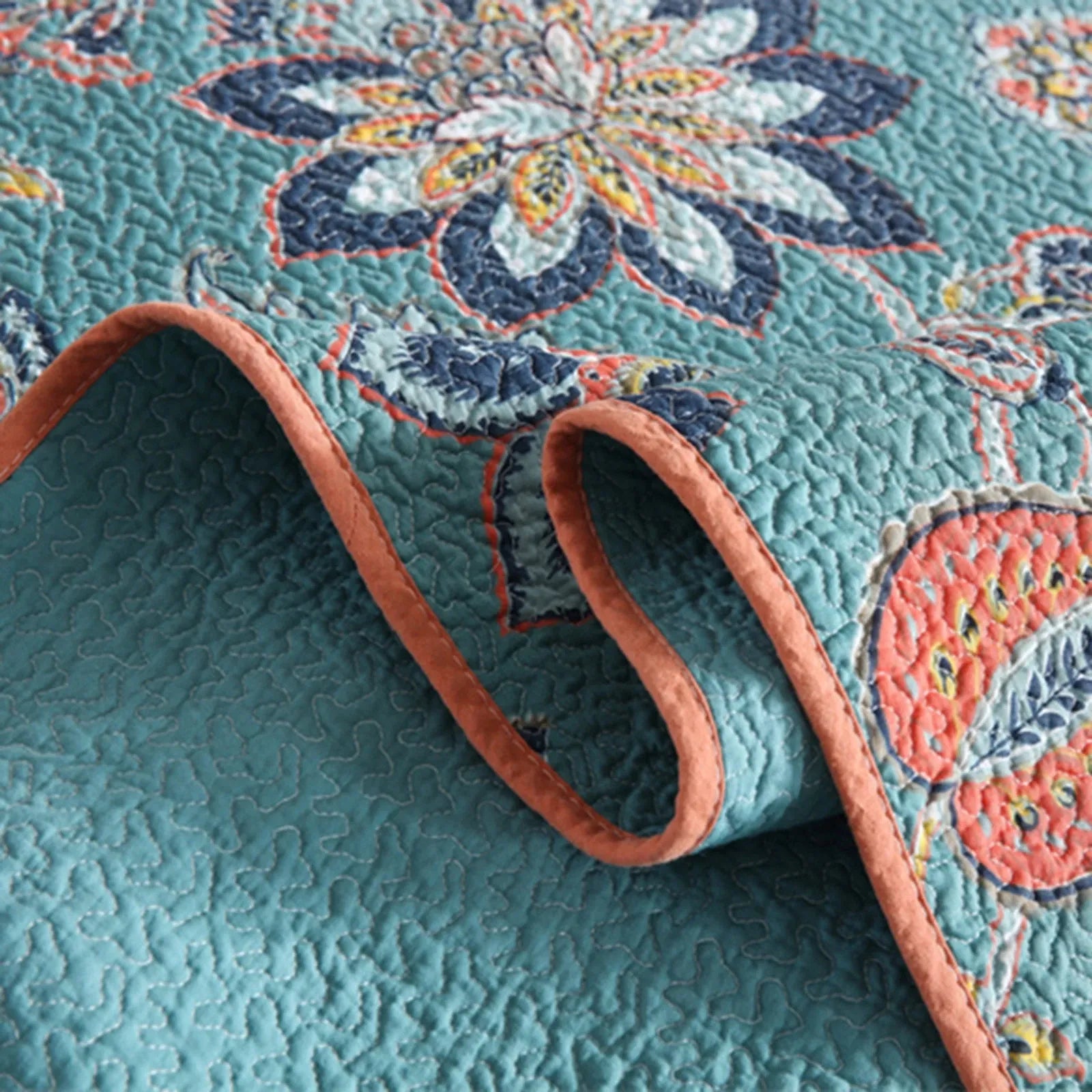 100% Cotton Teal Floralia Garden Coverlet Bedspread Set