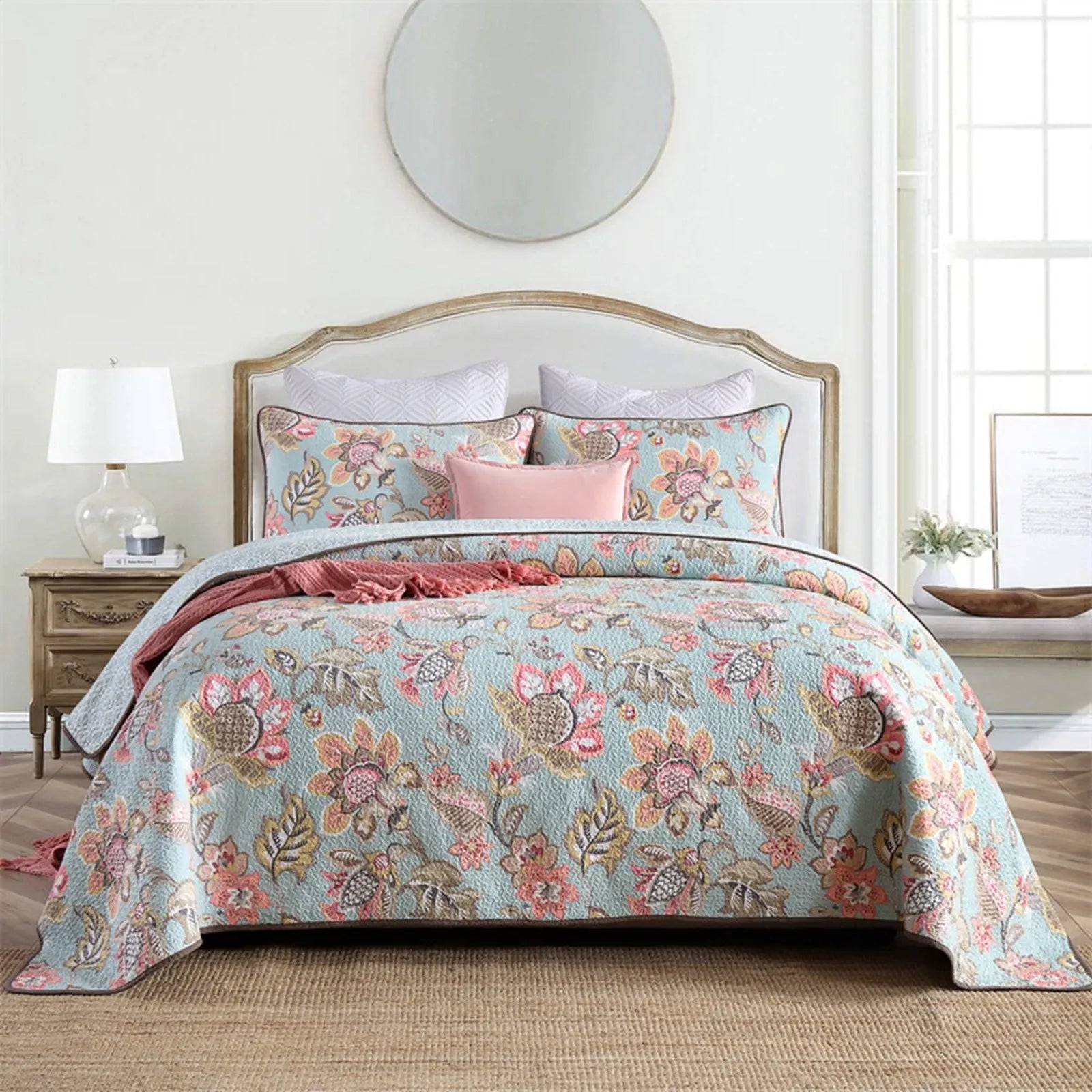 100% Cotton Blush Aqua Rosehaven Coverlet Bedspread Set