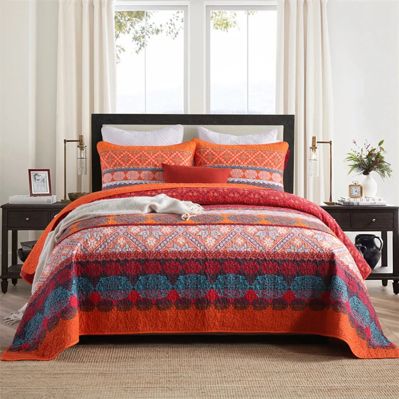 100% Cotton Rust Sapphire Boho Floral Coverlet Bedspread Set
