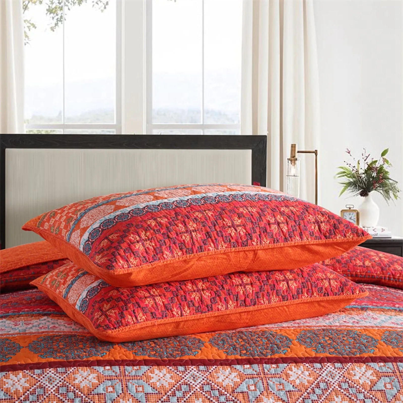 100% Cotton Rust Sapphire Boho Floral Coverlet Bedspread Set