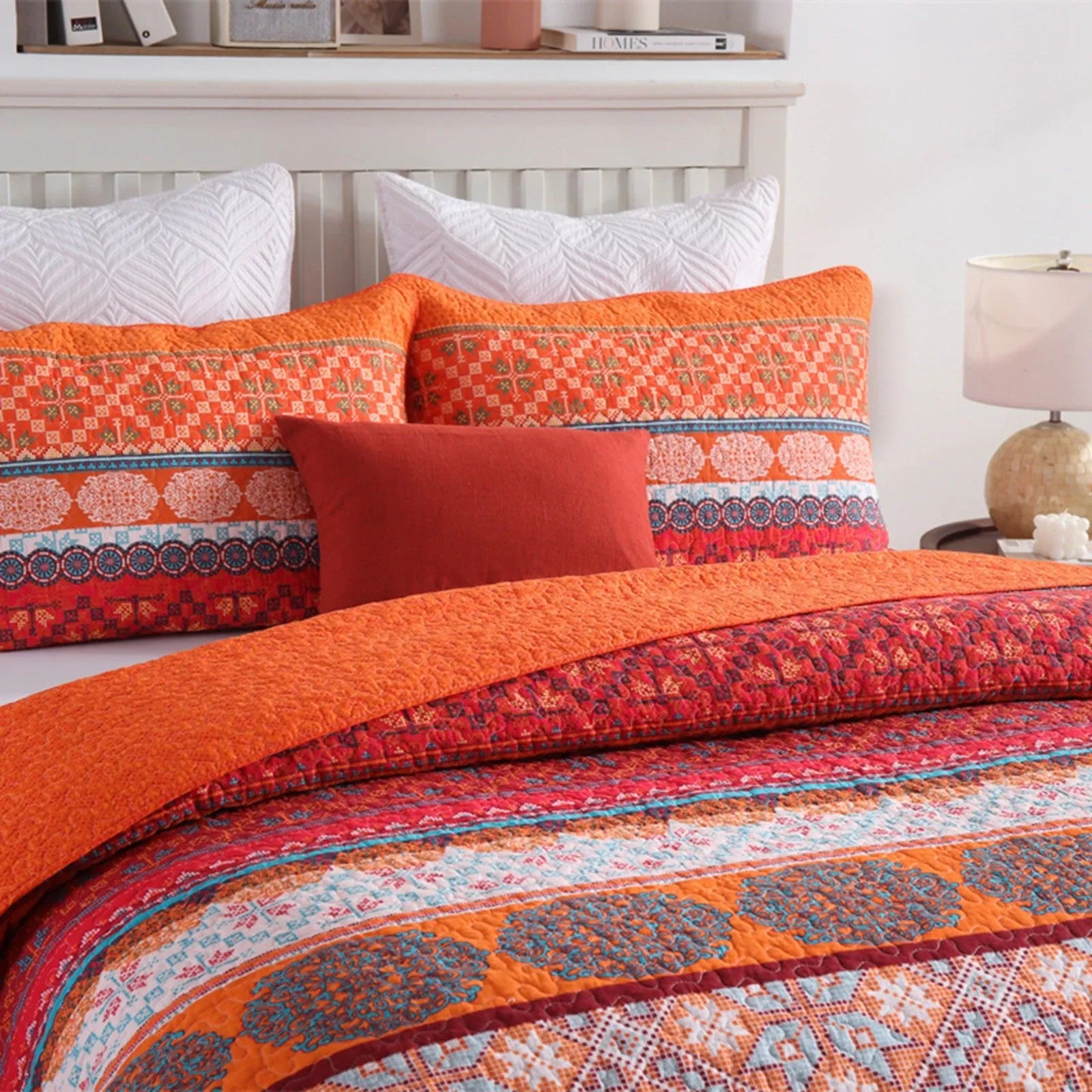 100% Cotton Rust Sapphire Boho Floral Coverlet Bedspread Set