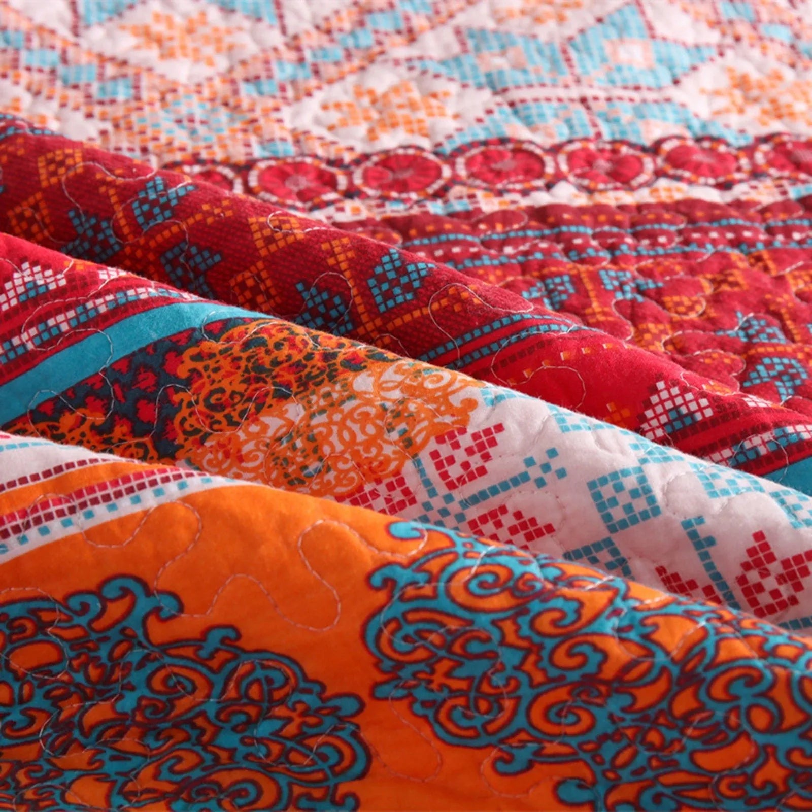 100% Cotton Rust Sapphire Boho Floral Coverlet Bedspread Set