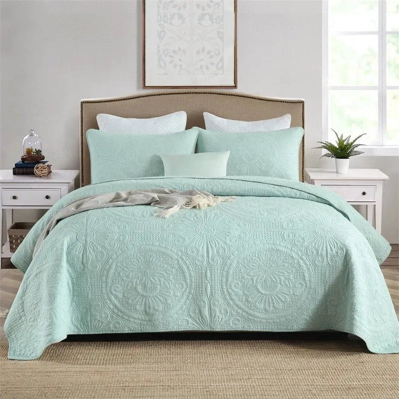 100% Cotton Embossed Aqua Medallion Serenity Coverlet Bedspread Set