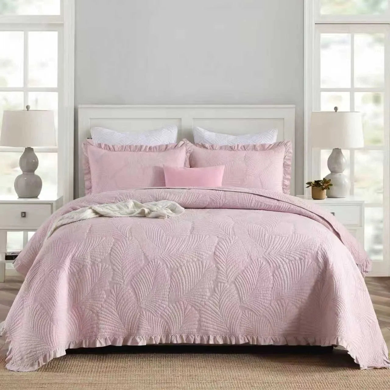 100% Cotton Embossed Blush Rose Coverlet Bedspread Set