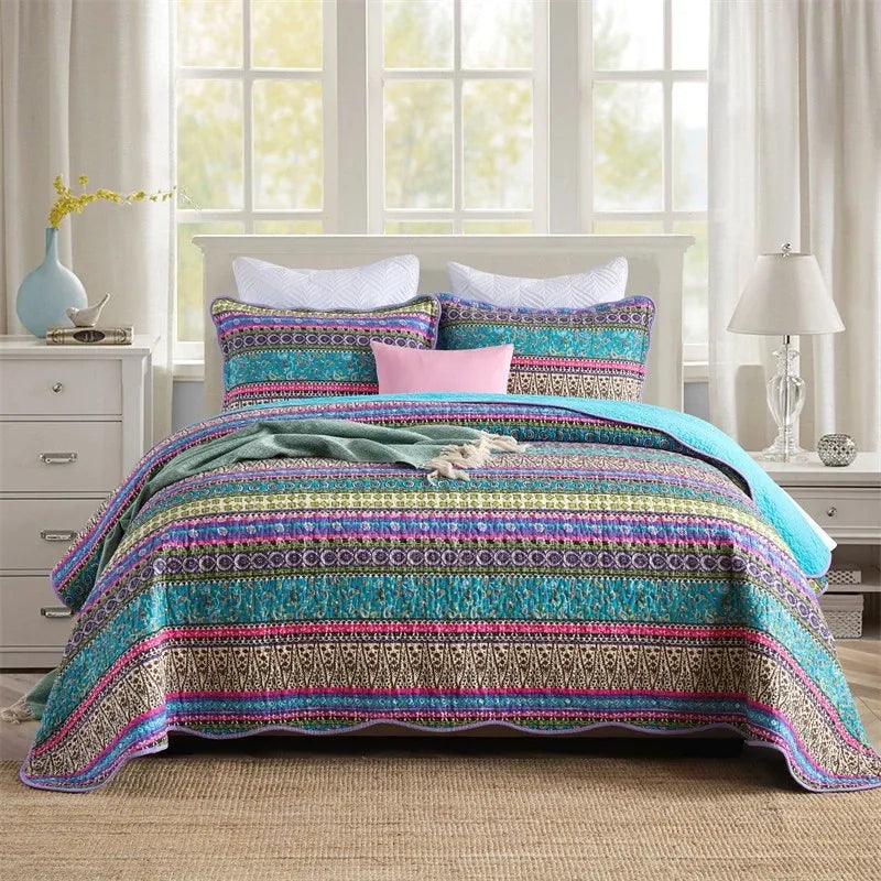 100% Cotton Violet Lagoon Floral Stripe Coverlet Bedspread Set