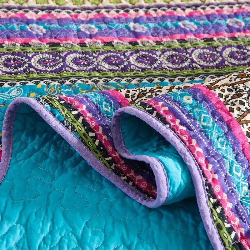 100% Cotton Violet Lagoon Floral Stripe Coverlet Bedspread Set