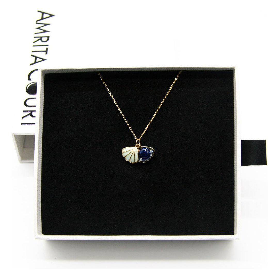 Gift Gox - Aroma Necklace 925 Silver, Gold coated - Green Shell Ocean Depth (Dark Blue) + Purify Oil Blend