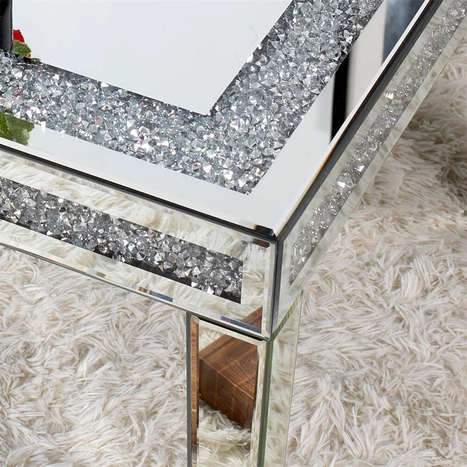 Silver Mirrored Coffee Table with Crushed Crystal Diamond Inlay Rectangular Center Table for Living Room