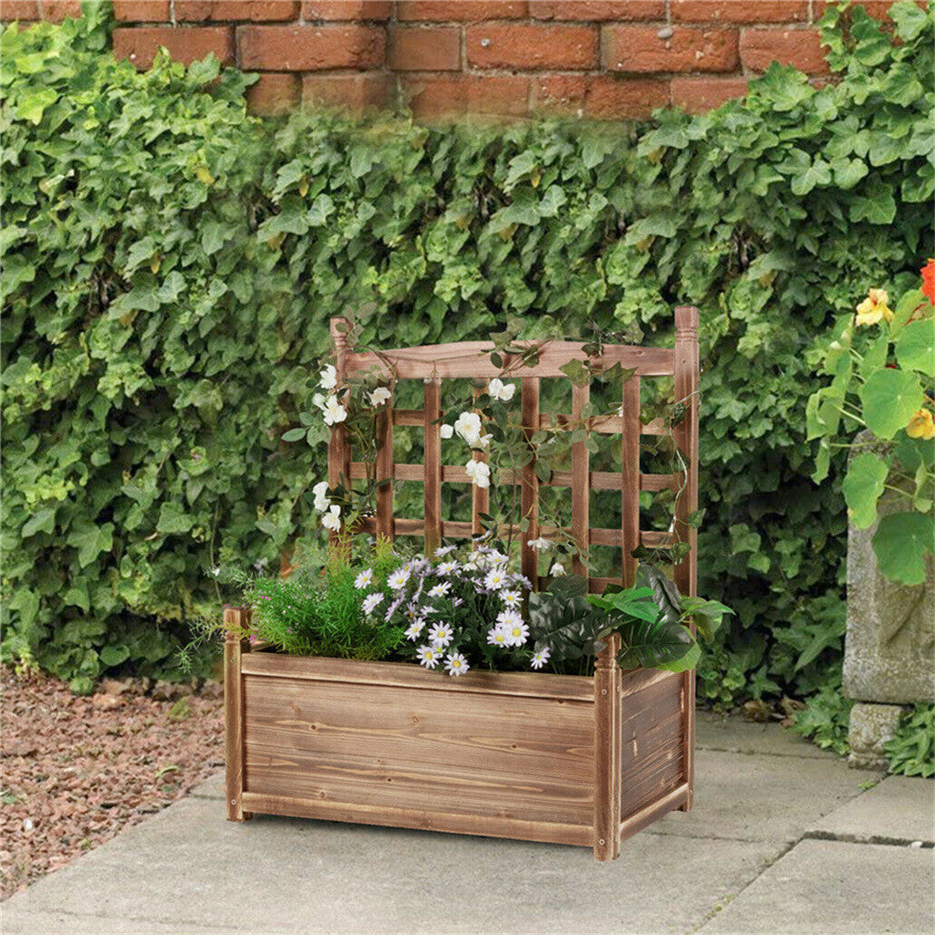 Fin Large Wooden Planter Box Stand Flowerpot Box W/ Trellis Support Patio Lattice