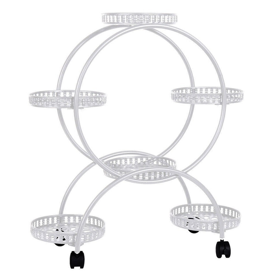 Fin White Metal Plant Stand 6-Potted Flower Pot Holder W Wheels 4 Tier Display Shelf