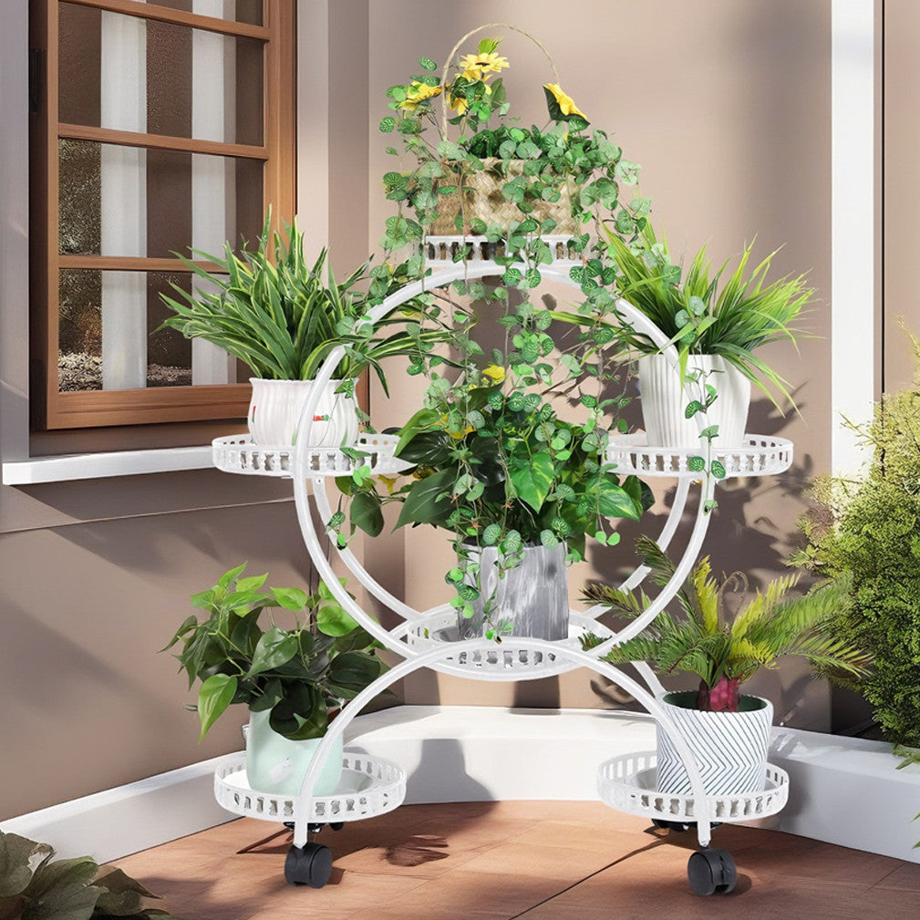 Fin White Metal Plant Stand 6-Potted Flower Pot Holder W Wheels 4 Tier Display Shelf