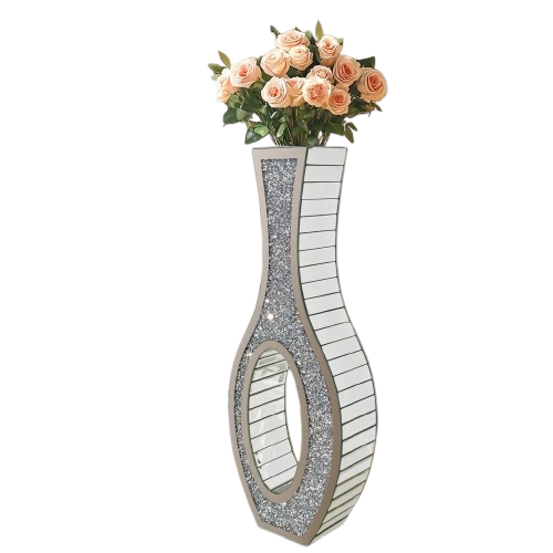 30-Inch Tall Double Sided Crushed Diamond Floor Vase Large Mirrored Silver Crystal Décor