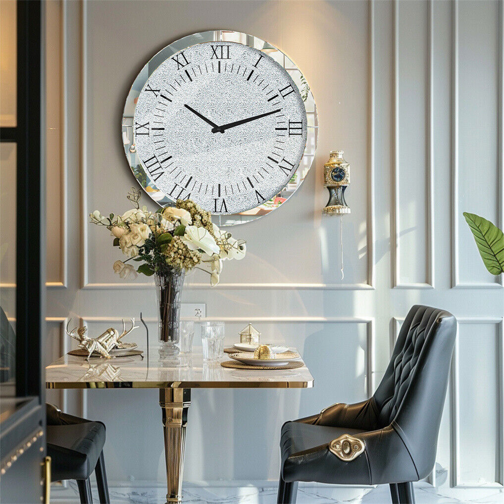 Large Silver Wall Clock Twinkle Crushed Diamond Mirrored Clock With Beveled Edge