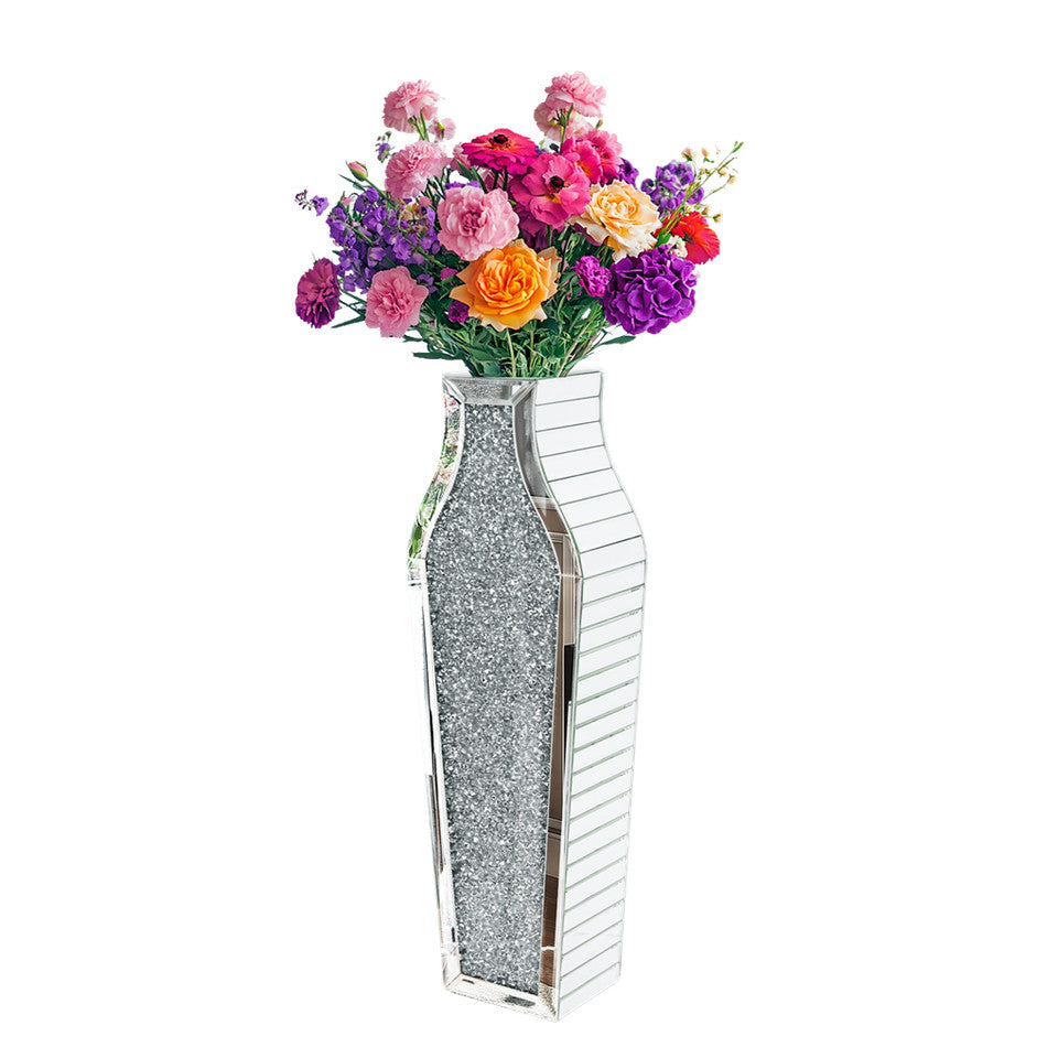Sparkling Crushed Diamond Mirrored Floor Vase Tall Silver Glass Fake Flower Vase