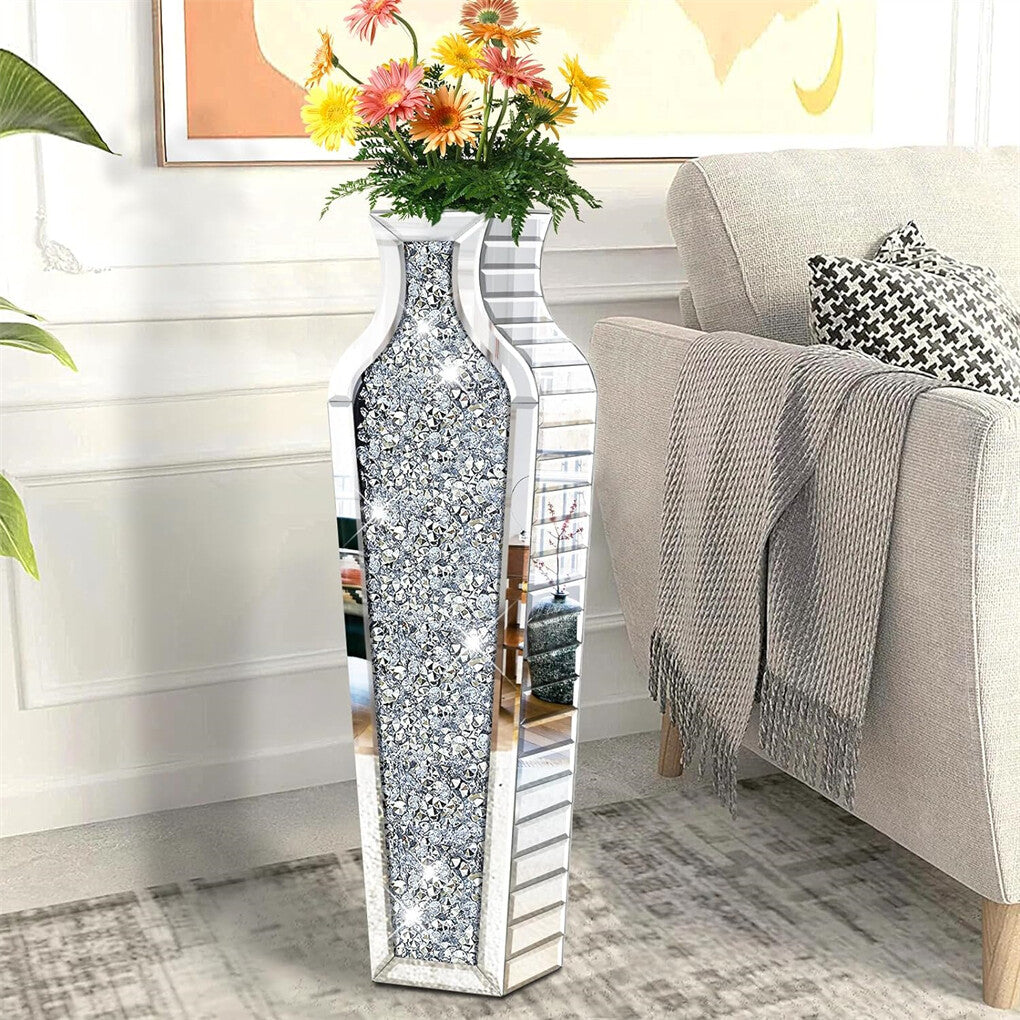 Sparkling Crushed Diamond Mirrored Floor Vase Tall Silver Glass Fake Flower Vase