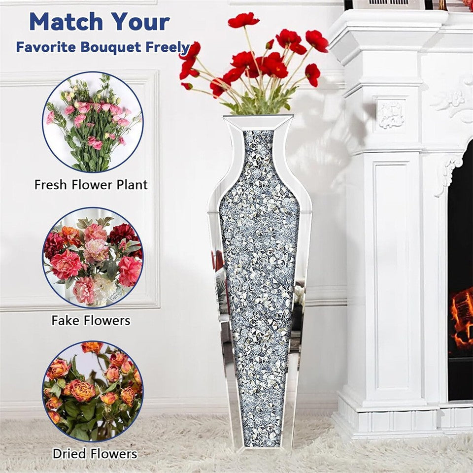 Sparkling Crushed Diamond Mirrored Floor Vase Tall Silver Glass Fake Flower Vase