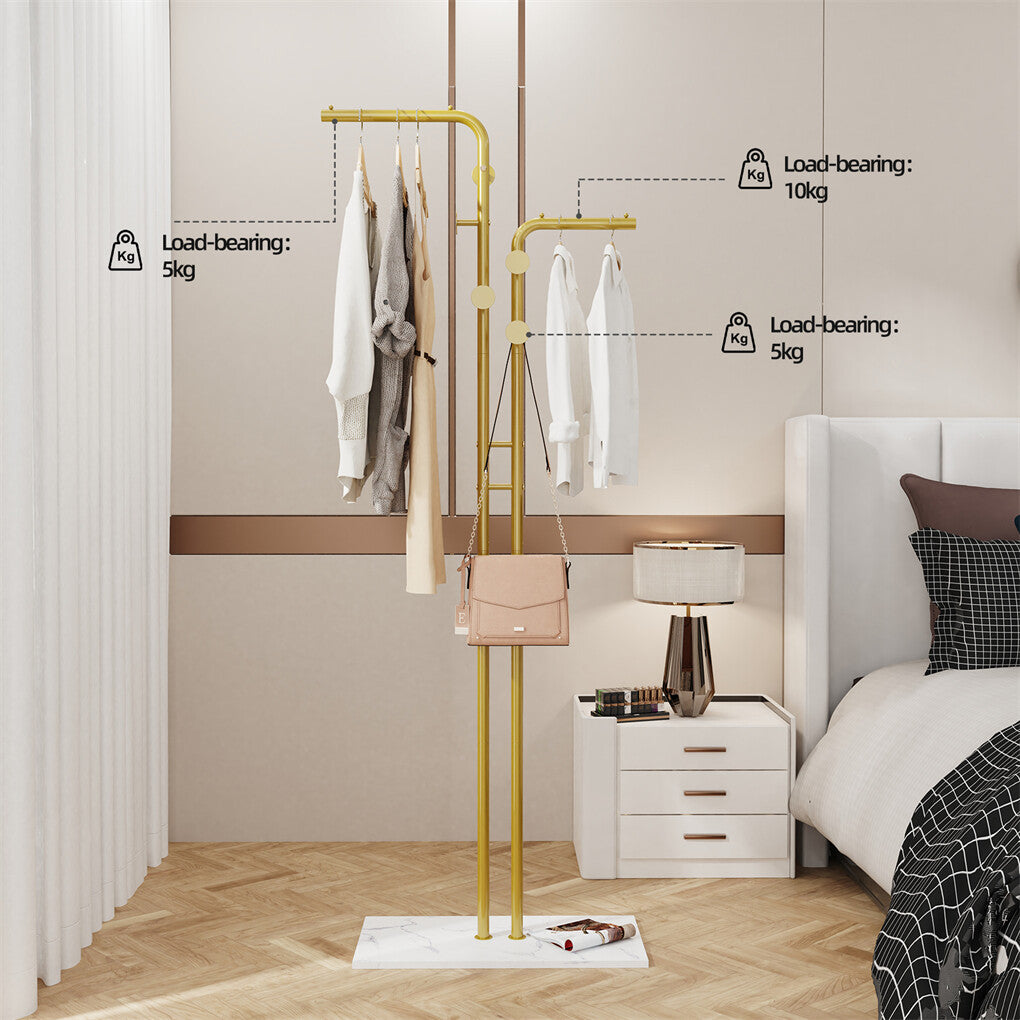 Double Pole Metal Coat Rack with Marble Base - Free Standing Clothes and Hat Stand AU