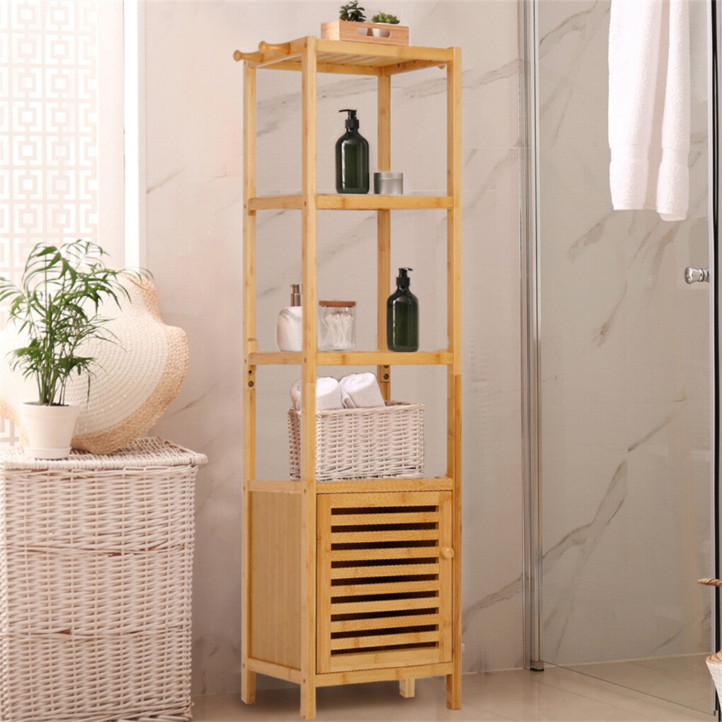 Large Bathroom Floor Cabinet Bamboo Storage Cupboard Living Room w/ Hook & Shelf