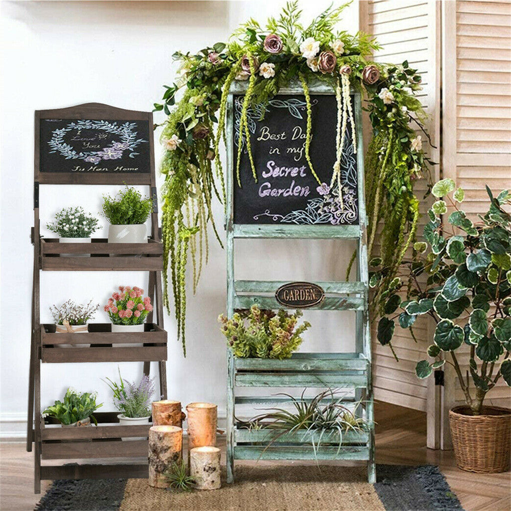 3-Tier A-Frame Wooden Sidewalk Sign Chalkboard With Display Shelf Planter Stand