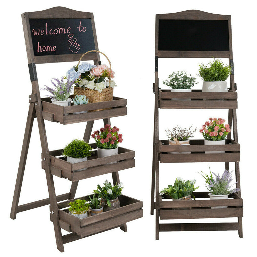 3-Tier A-Frame Wooden Sidewalk Sign Chalkboard With Display Shelf Planter Stand