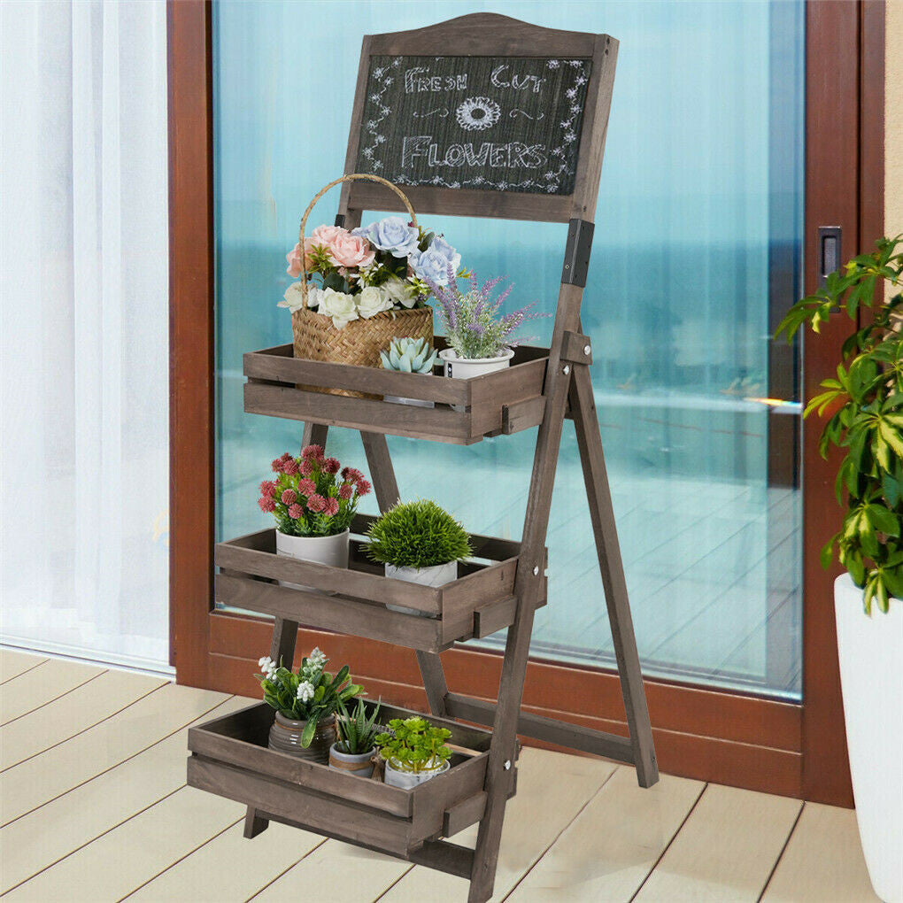 3-Tier A-Frame Wooden Sidewalk Sign Chalkboard With Display Shelf Planter Stand