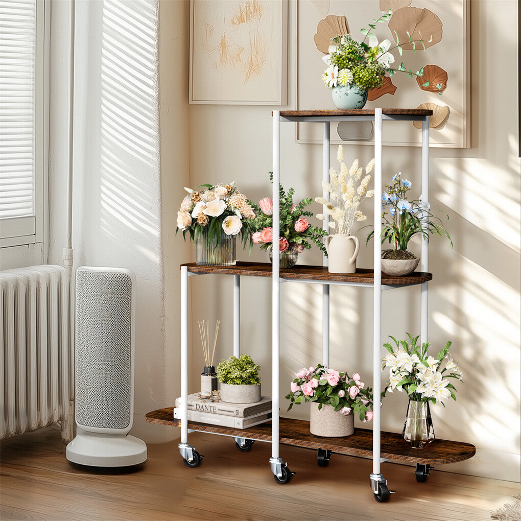 FIN Vintage Plant Holder 3 Tiers Storage Shelf Unit with Lockable Casters Garden