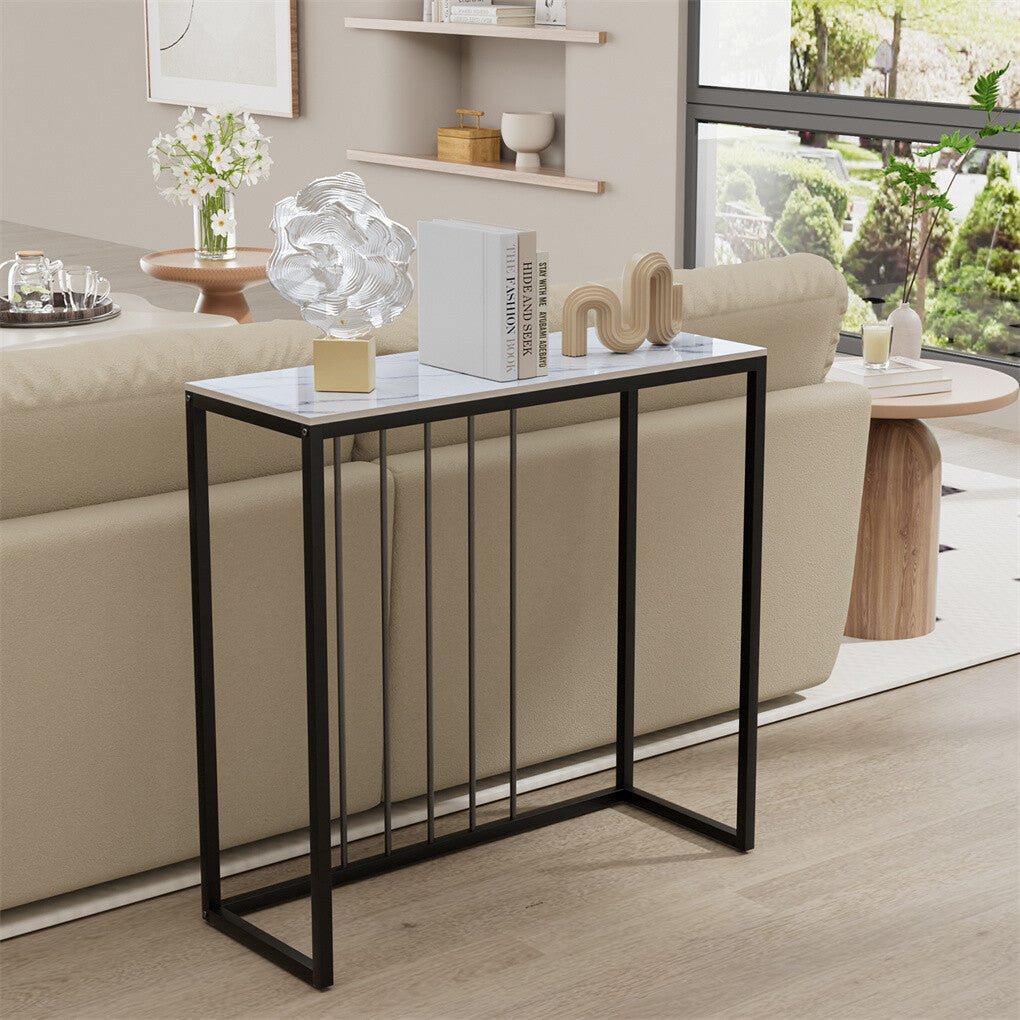 Fin 80Cm Sintered Stone Console Table Storage Table Behind Sofa W/ Black Metal Frame