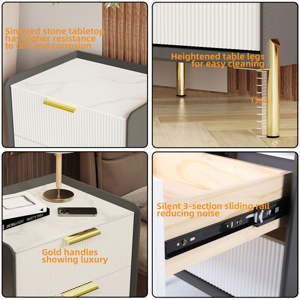 3 Tier Leather Sides Bedside Table Wooden Nighstand Marble Top Luxury Furniture