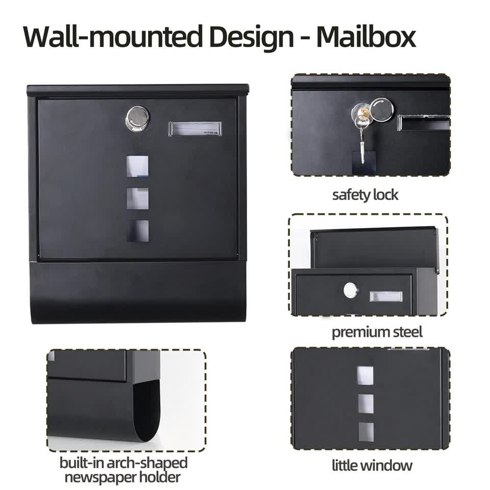 Lockable Mailbox Wall Mounted Mail Letter Post Box with Newspaper Holder Rack
