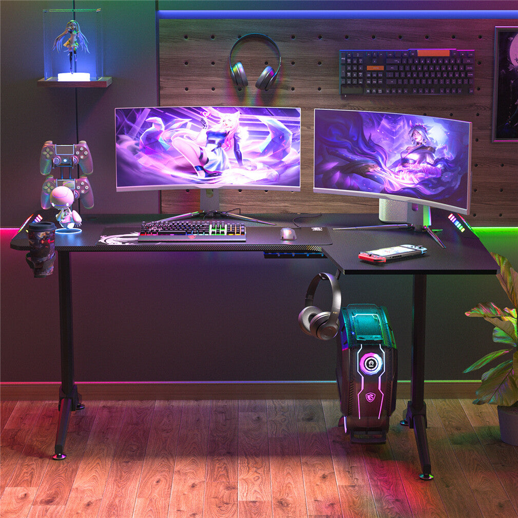Multi-Style Pro Gaming Desk RGB LED L-Shaped PC Computer Studio Gamer Table Carbon Fibre
