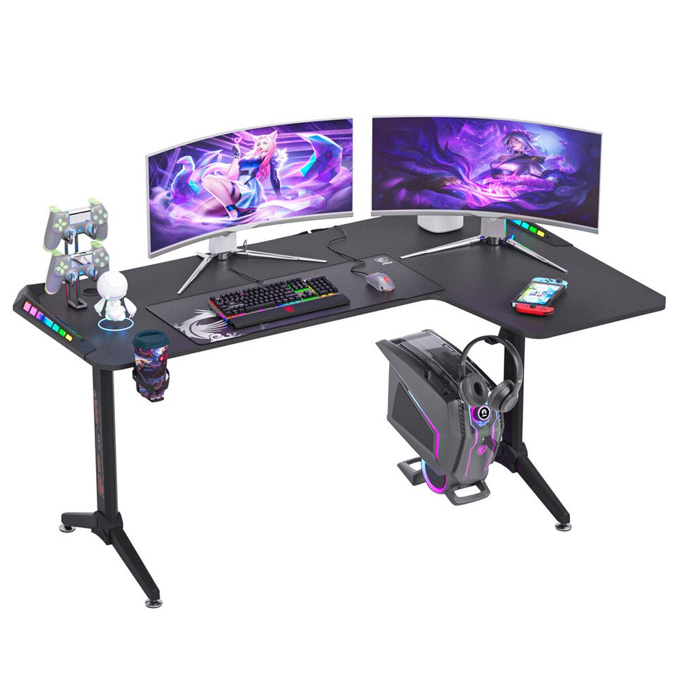 Multi-Style Pro Gaming Desk RGB LED L-Shaped PC Computer Studio Gamer Table Carbon Fibre
