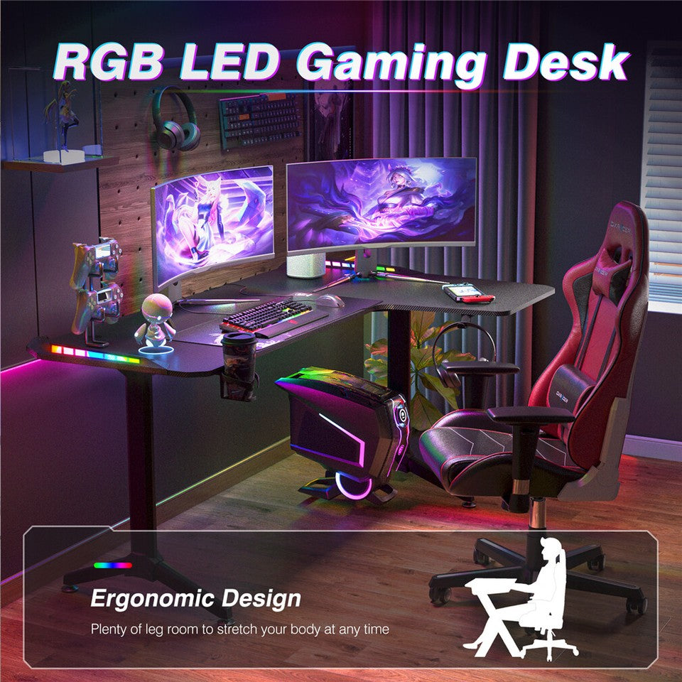 Multi-Style Pro Gaming Desk RGB LED L-Shaped PC Computer Studio Gamer Table Carbon Fibre