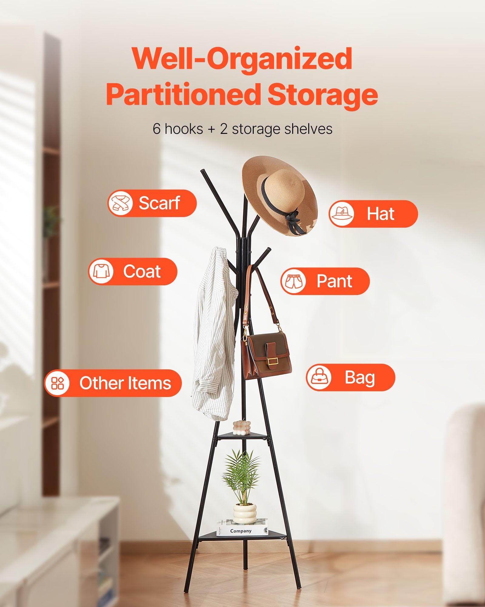 Coat Rack, Freestanding Coats Rack Stand with 2 Shelves & 6 Hooks, Free Standing Hall Coat Tree