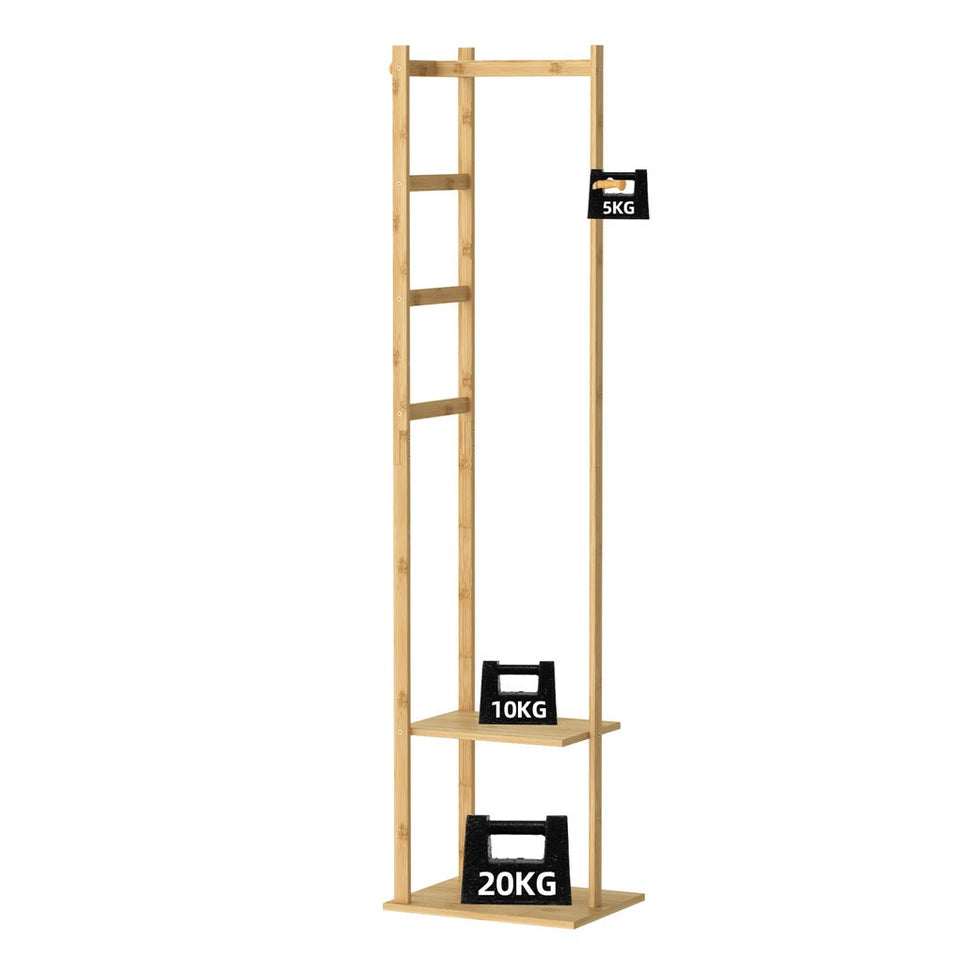 Bamboo Coat Stand Clothes Rack with Garment Shelf, Hanging Rail and Hooks