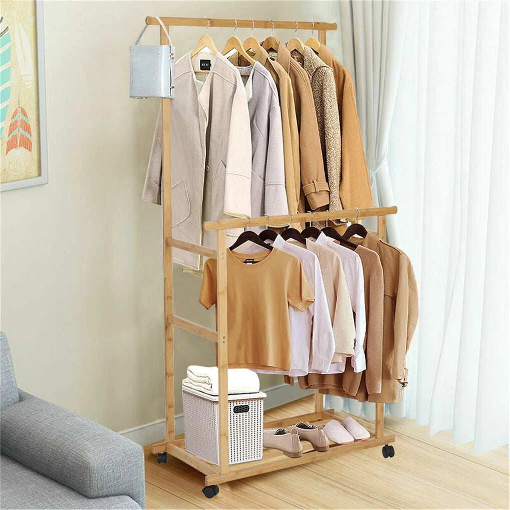 Portable Rolling Bamboo Clothes Rack for Kids with Hanging Rail