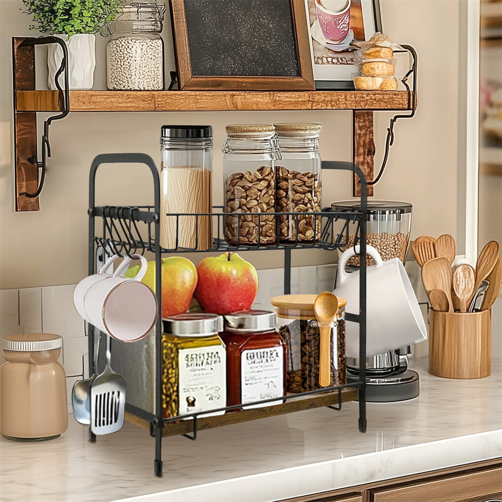 Vintage Coffee Bar Station Organizer Holder Stand with 2-Tier Shelves & 12 Hooks
